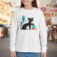 Cat Midcentury With Book And Coffee Atomic Age Mid Century Youth Long Sleeve Tee