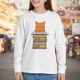 Cute Orange Tabby Cat Reading On Pile Of Books Youth Long Sleeve Tee