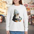Cute Penguin Reading Book Faux-Crochet Print Youth Long Sleeve Tee