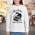 Life Is Better With Cats & Books Tuxedo Cat Mom Women Youth Long Sleeve Tee