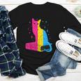 Pansexual Pride Celestial Cat Sitting Book LGBTQ Pan Colors Men Women Youth Long Sleeve Tee