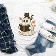 Books Ghost Reading Book Halloween Library Cat Fall Youth Long Sleeve Tee