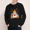 Cute Beanie Ghost Bookworm Cozy Book Reading Halloween Youth Long Sleeve Tee