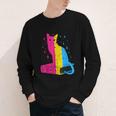Pansexual Pride Celestial Cat Sitting Book LGBTQ Pan Colors Men Women Youth Long Sleeve Tee