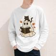 Books Ghost Reading Book Halloween Library Cat Fall Youth Long Sleeve Tee