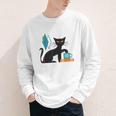 Cat Midcentury With Book And Coffee Atomic Age Mid Century Youth Long Sleeve Tee