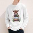 Cute Highland Cow With Book Floral Bookworm Librarian Book Youth Long Sleeve Tee Cute Highland Cow With Book Floral Bookworm Librarian Book Youth Long Sleeve Tee
