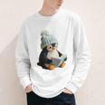 Cute Penguin Reading Book Faux-Crochet Print Youth Long Sleeve Tee