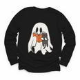 Cute Ghost Cat Reading Book Spooky Season Halloween Costume Youth Long Sleeve Tee
