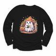 Cute Ghost Drinking Coffee Halloween Reading Book Retro Youth Long Sleeve Tee