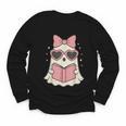 Ghost Reading Book Halloween Cat Lover Youth Long Sleeve Tee