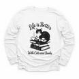 Life Is Better With Cats & Books Tuxedo Cat Mom Women Youth Long Sleeve Tee