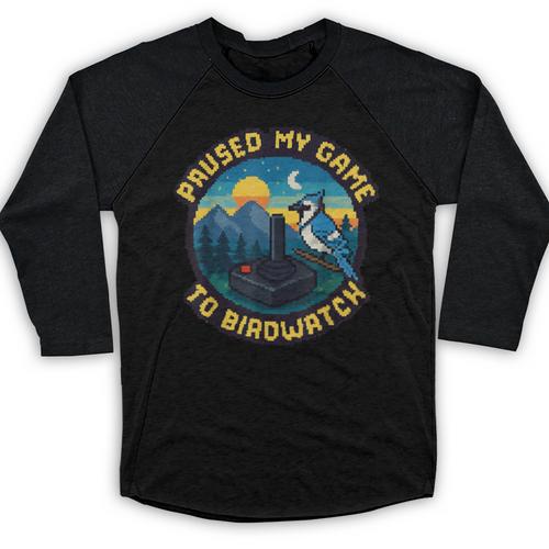 8-Bit Gamer Birder Blue Jay Arcade Nostalgia Nature Baseball Raglan Shirt - Figerry