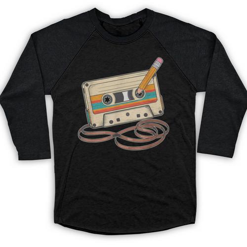 80s 90s Retro Party Costume Nostalgia Cassette Tape Pencil Baseball Raglan Shirt - Figerry