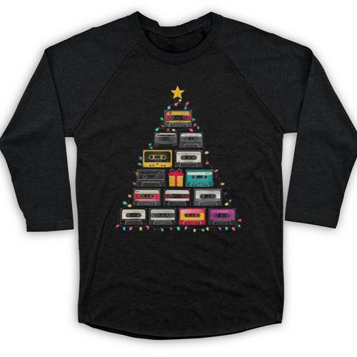 Cassette Tape Christmas Tree Graphic 80s 90s Retro Nostalgia Baseball Raglan Shirt - Figerry