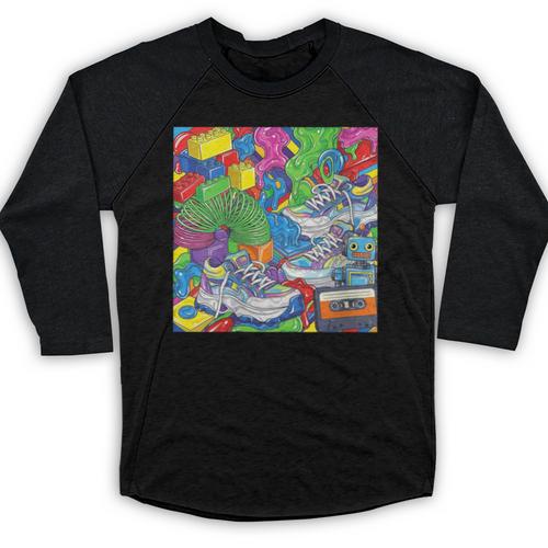Colorful Kidcore 90s Nostalgia Meme Sneakers Robot Toy Slime Baseball Raglan Shirt - Figerry