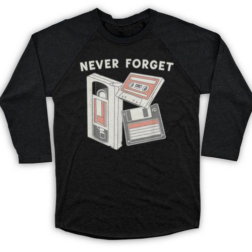 Never Forget VHS Tape Cassette Floppy Disk Nostalgia 80s 90s Baseball Raglan Shirt - Figerry