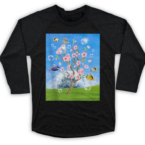 Frutiger Aero Aesthetic Tech Cherry Blossom Fishes Bubbles Baseball Raglan Shirt - Figerry