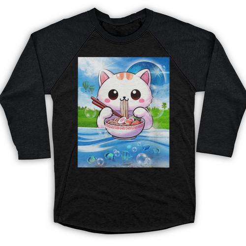 Frutiger Aero Aesthetic Tech Kawaii Ramen Cat Fishes Baseball Raglan Shirt - Figerry