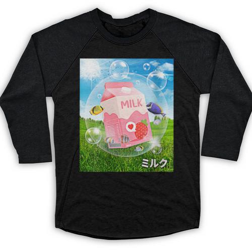 Frutiger Aero Aesthetic Tech Kawaii Strawberry Milk Fishes Baseball Raglan Shirt - Figerry