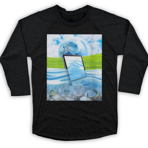 Frutiger Aero Aesthetic Tech Water Fishes Monitor Screen Baseball Raglan Shirt - Figerry