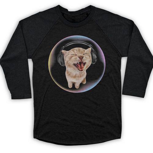 Frutiger Aero Cat Wearing Headphones Bubble 2000s Gen-Z Meme Baseball Raglan Shirt - Figerry