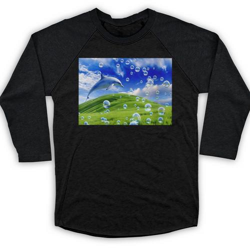 Frutiger Aero Dolphin Meadow Aesthetic Y2k 2000s Ironic Baseball Raglan Shirt - Figerry