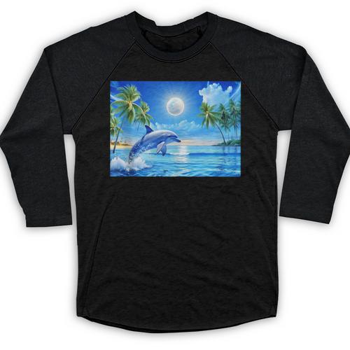 Frutiger Aero Dolphin Sunset Ocean With Palm Trees Y2k Baseball Raglan Shirt - Figerry