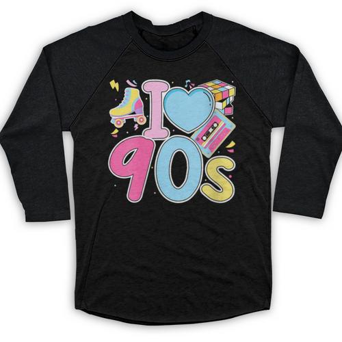 I Love 90's Retro Style Nostalgia Vibe 1990's Party Baseball Raglan Shirt - Figerry
