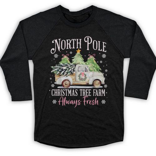 North Pole Tree Farm Merry Christmas Holiday Scene Nostalgia Baseball Raglan Shirt - Figerry