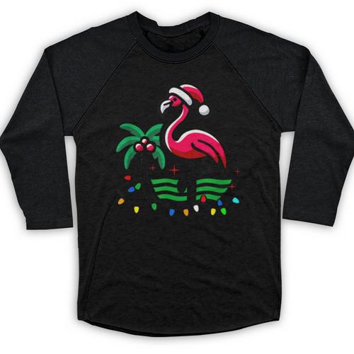Nostalgia Holiday Tees -Adult Christmas Flamingo Small Short Sleeve Crew Neck Cotton Polyester Lightweight Ribbed Cuff Winter Baseball Raglan Shirt - Figerry