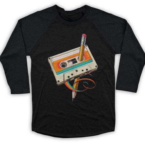 Retro Cassette Tape & Pencil Rewind Nostalgia Party 80s 90s Baseball Raglan Shirt - Figerry