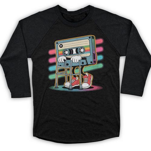 Retro Old Cassette Tape Cartoon With Walker Nostalgia Baseball Raglan Shirt - Figerry