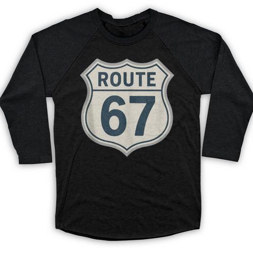 Retro Route 67 Highway Sign Vintage Road Nostalgia Baseball Raglan Shirt - Figerry