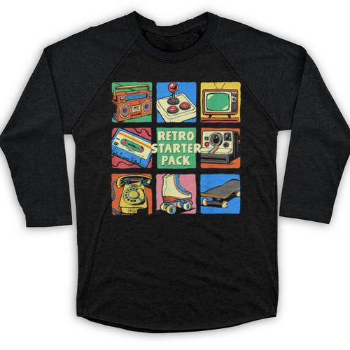 Retro Starter Pack 80s 90s Vintage Nostalgia Cassette Tape Baseball Raglan Shirt - Figerry