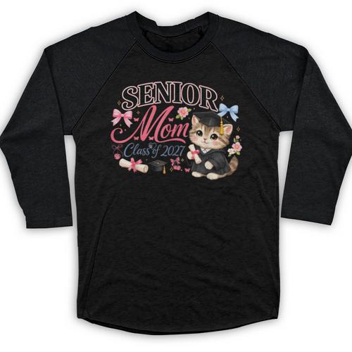 Senior Mom Class Of 2027 Cute Cat Graduation Pink Bows Girls Baseball Raglan Shirt - Best Gift Smart
