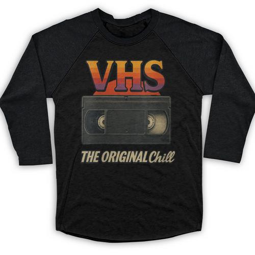 VHS Tape Nostalgia Old School Technology Humor Baseball Raglan Shirt - Figerry
