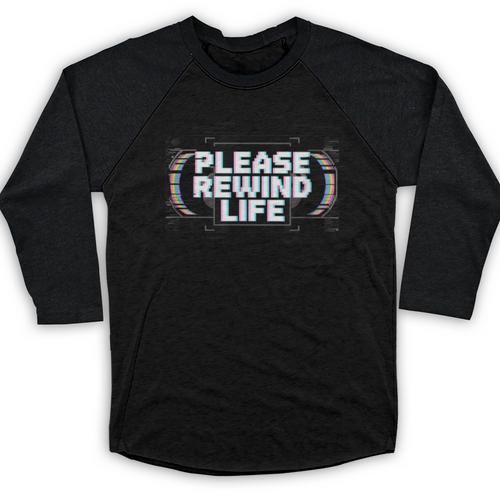 VHS Tape Rewind Glitch 90s Retro Nostalgia Please Rewind Baseball Raglan Shirt - Figerry