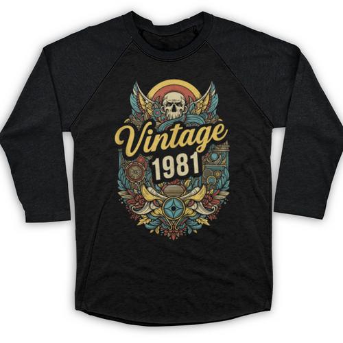 Vintage 1981 Retro Badge Nostalgia Eighties Compass Skull Baseball Raglan Shirt - Figerry