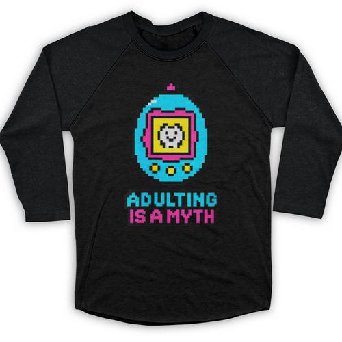 Women's Adulting Is A Myth Retro Pixel Pet Nostalgia Millennials Baseball Raglan Shirt - Figerry