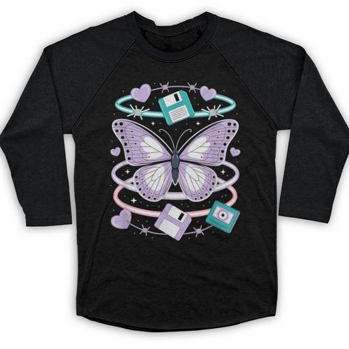 Y2K Butterfly Floppy Disk Art Digital Nostalgia Baseball Raglan Shirt - Figerry
