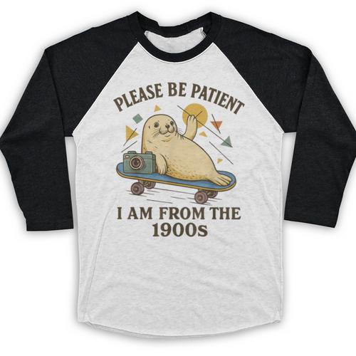 90s Manatee Humor Please Patient I'm From The 1900s Baseball Raglan Shirt - Figerry