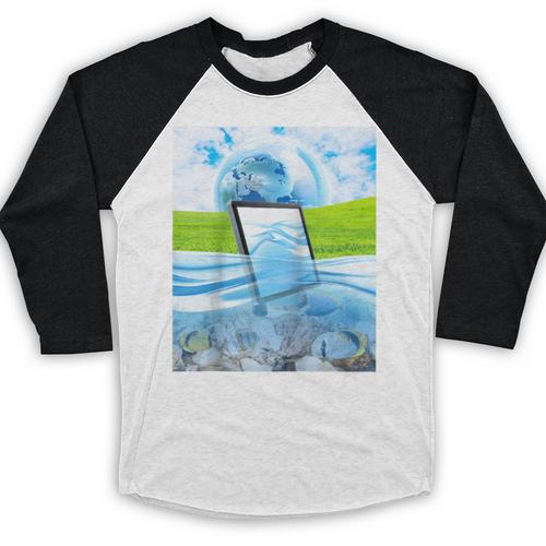 Frutiger Aero Aesthetic Tech Water Fishes Monitor Screen Raglan Baseball Tee Baseball Raglan Shirt - Figerry