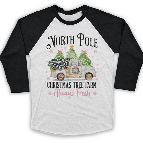 Holiday Scene Nostalgia North Pole Tree Farm Merry Christmas Baseball Raglan Shirt - Figerry