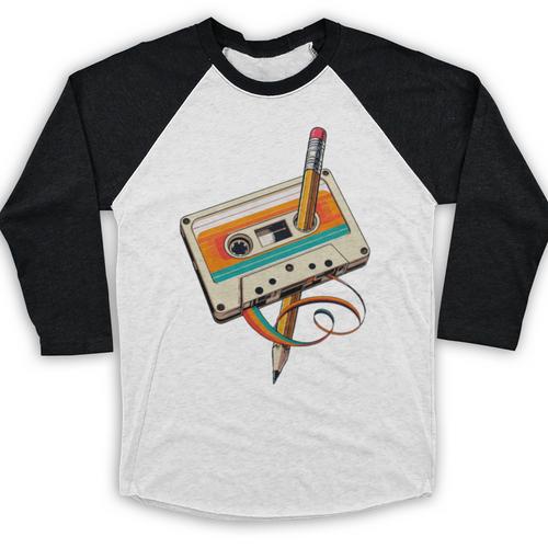Retro Cassette Tape & Pencil Rewind Nostalgia Party 80s 90s Baseball Raglan Shirt - Figerry