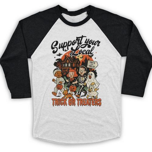 Support Your Local Trick Or Treaters Retro Spooky Nostalgia Baseball Raglan Shirt - Figerry