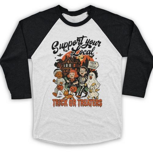 Support Your Local Trick Or Treaters Retro Spooky Nostalgia Baseball Raglan Shirt - Figerry
