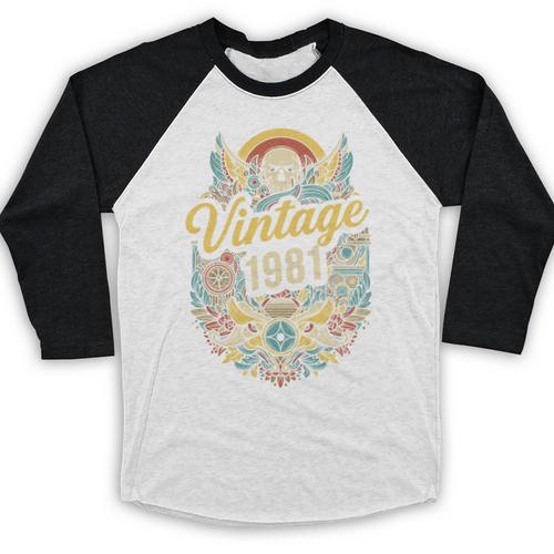 Vintage 1981 Retro Badge Nostalgia Eighties Compass Skull Baseball Raglan Shirt - Figerry