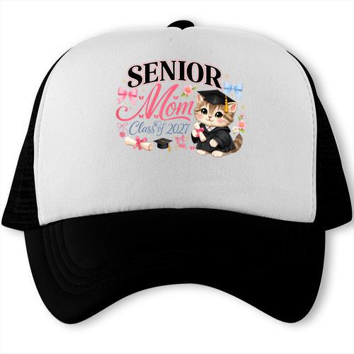 Senior Mom Class Of 2027 Cute Cat Graduation Pink Bows Girls Trucker Cap - Best Gift Smart