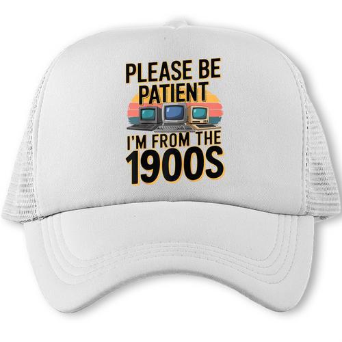 Please Be Patient I'm From The 1900s Retro Computer Raglan Baseball Tee Trucker Cap - Figerry